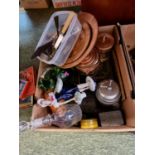 Box of assorted glassware, Ceramics and metal ware inc Copper biscuit barrels, Decanter, Flatware