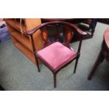 Edwardian upholstered corner chair with walnut inlaid detail