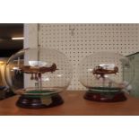 2 glass models of Aircraft in glass domes on wooden bases Spitfire & Bristol Bulldog