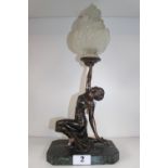 1930s Bronze Art Deco Figural table lamp on green marble base with frosted flame glass shade. 43cm