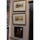 Cattermole Caffrey pair of signed watercolours depicting river scenes and a Framed interior scene