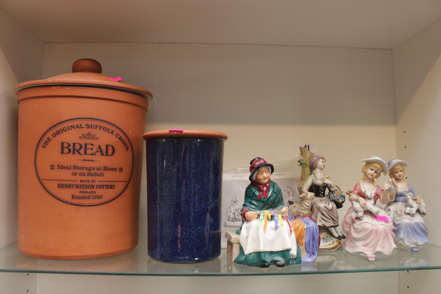 Royal Doulton Silk & Ribbons figurine, assorted Figurines and a Henry Watson Pottery Bread Crock