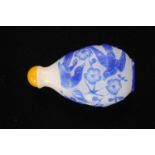 Chinese Blue Overlay white glass Snuff bottle with yellow top