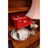 Wash jug with bowl, Stork table lamp and a box of glassware