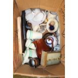 Box of assorted ceramics and bygones inc. Deco Gretna Green pottery Arabia trinket dish and assorted