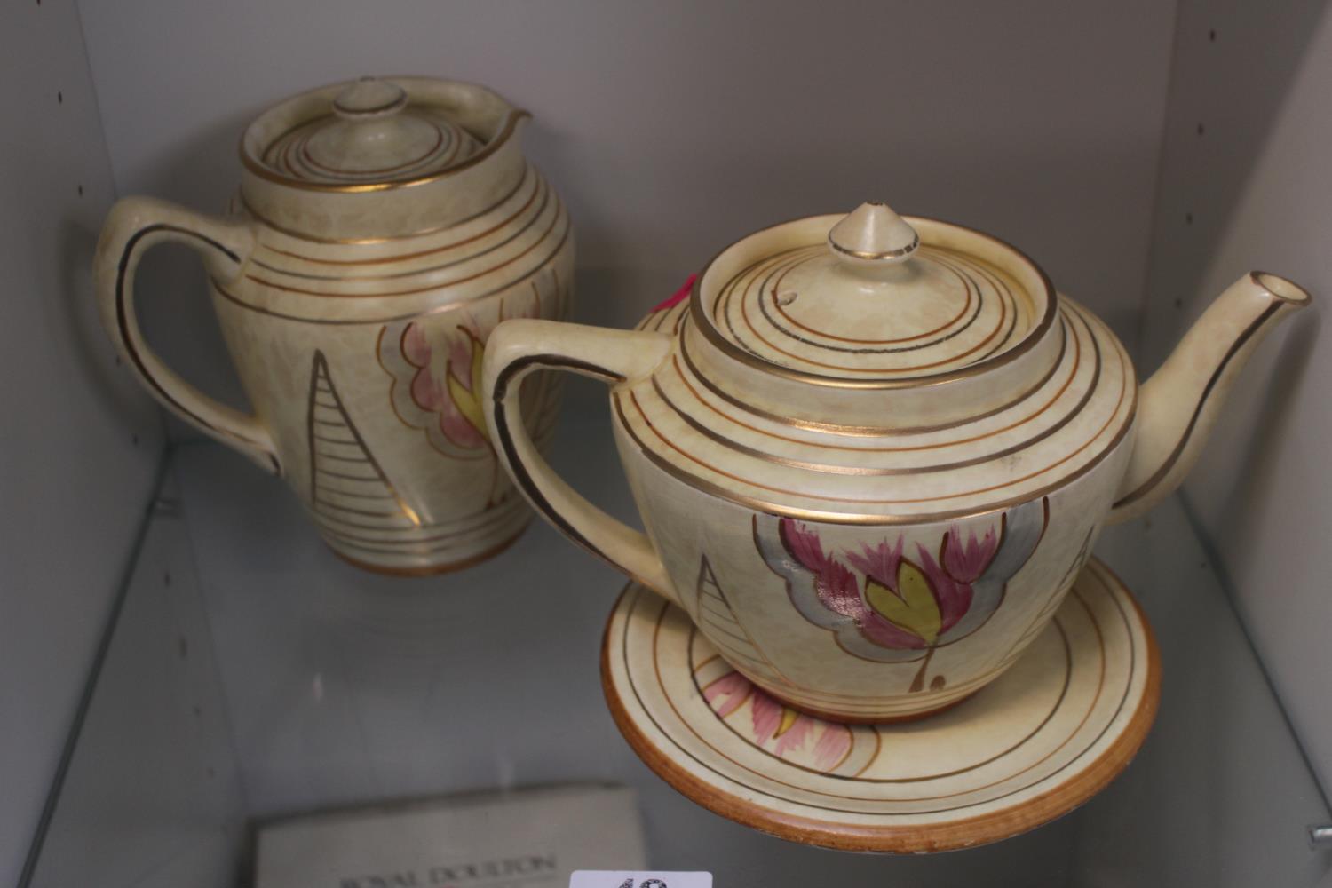 Arthur Wood Art Deco Teapot on stand and a Hot water lidded jug with floral decoration