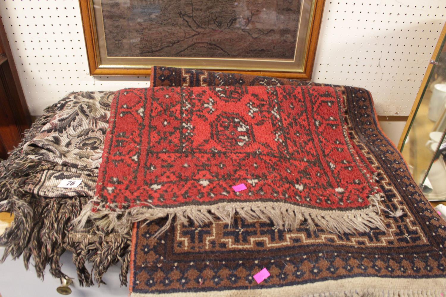 2 Red Ground Persian rugs and an embroidered Throw