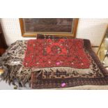 2 Red Ground Persian rugs and an embroidered Throw