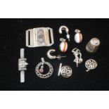 Collection of assorted Small Silver Jewellery inc. Thimble, earrings, Belt buckle etc
