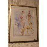 Framed watercolour sketch by Newmarket artist Jacquie Jones of a woman with dog signed to bottom