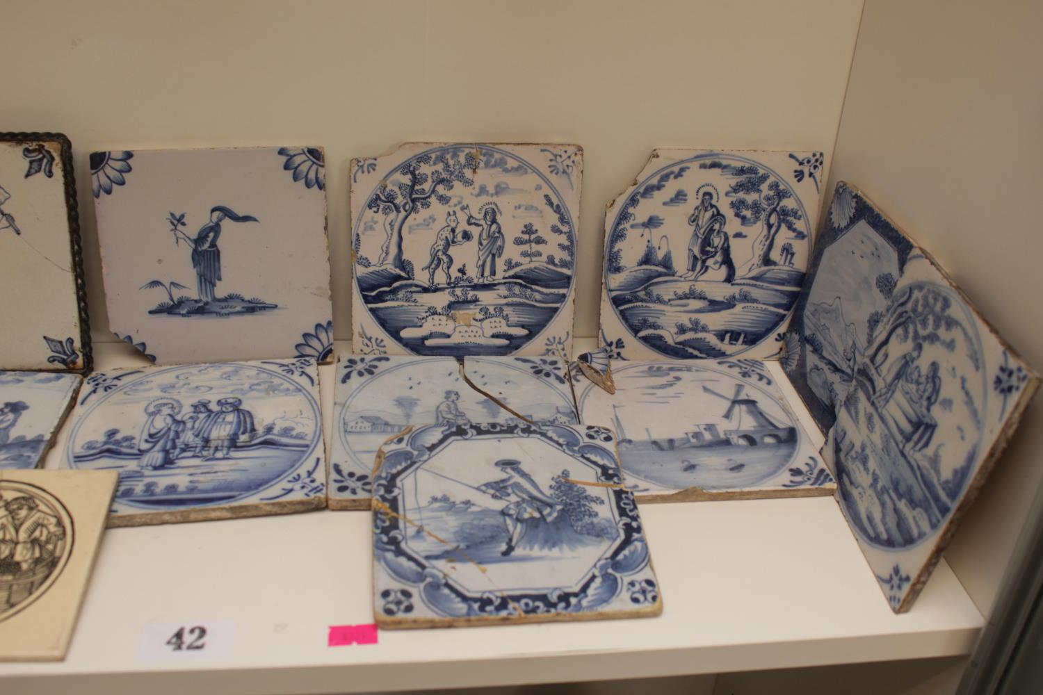 Approx 15 18thC and later Blue & White Delft Tiles and 2 other tiles - Image 3 of 3