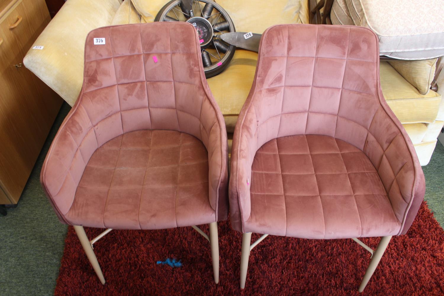 Pair of Modern Dusky Pink upholstered Chequered elbow chairs on beech tapering legs