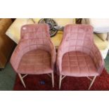Pair of Modern Dusky Pink upholstered Chequered elbow chairs on beech tapering legs