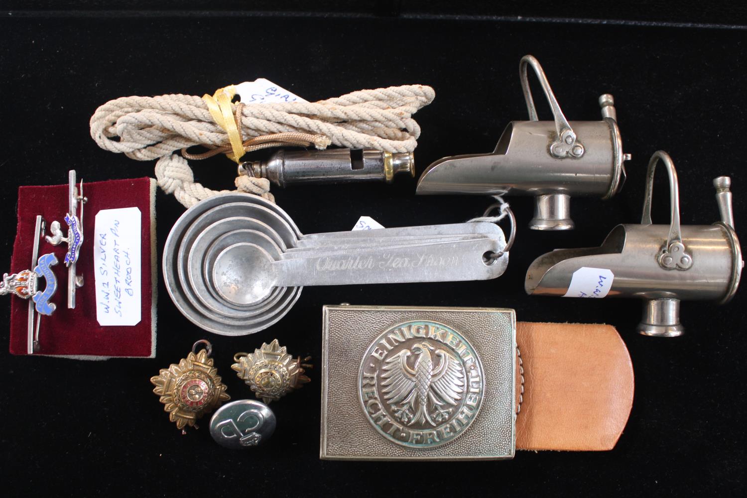 Collection of assorted Militaria items inc. SIlver Sweetheart brooch, German WWII Buckle, 2 Trench
