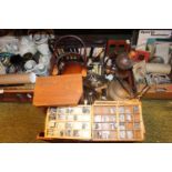 Tray of assorted bygones inc. collection of Type sets, Cased canteen of cutlery, Copper kettle etc