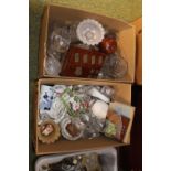 2 Boxes of assorted glassware, Inlaid Hardwood card case, Solitaire board etc