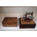 Edwardian Inlaid walnut sewing box, another box and a Childs sewing machine