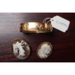 2 Carved Cameos with 9ct gold settings and a 9ct Gold plated Bangle