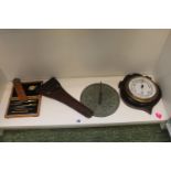 Edwardian Oak framed Barometer, Brass Sun dial, Pair of scissors win Leather sheath and a cased