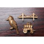 3 9ct gold Charms of a Wagon, Golden gate bridge & a Kookaburra 8.4g total weight