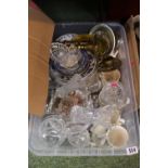 Box of assorted Ceramics, glassware and Pair of Brass Candlesticks