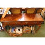 Modern Walnut Hall table with brass drop handles and long cabriole legs