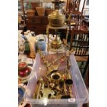 Box of assorted Brassware inc. Candlesticks, 2 Tier plant stand etc