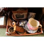 Box of assorted Ceramics and bygones inc. Pottery Cow creamer, Copeland Plat pot, Quimper plates etc