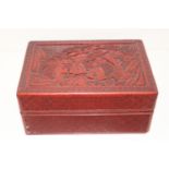 Chinese Cinnabar lidded box Carved with scholars in landscape scene within carved floral border