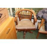 20thC Wooden framed Swivel office chair with upholstered seat
