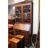 Late 19thC glazed bureau bookcase with fitted interior and brass drop handles