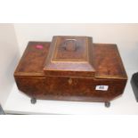 19thC Bur walnut jewellery box with inlaid detail over paw feet