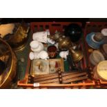 Tray of assorted ceramics and bygones inc. Oil Lamp, expanding wall hanger etc