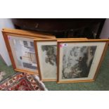 3 1980s Interior decoration prints and 2 Reproduction Hunting prints