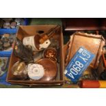 2 Boxes of assorted Metalware and bygones inc. Copper tray, Enamel Jug and assorted Ceramics