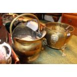 Good quality Brass Log bucket on paw feet with assorted bygones and a coal Helmet