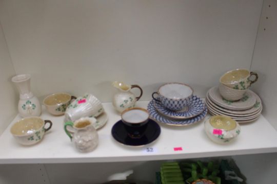 Collection of Belleek Shamrock pattern tea ware and Russian Blue underglaze gilded trio and a - Image 1 of 2