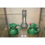 Pair of Ewenny Pottery of Wales green glazed jugs and a Silver topped Jasperware posy vase