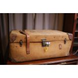 Large Fabric Leather bound travelling trunk with metal fittings