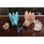 Pair of Carved Dragon heads, Crystal model of Hare and other carvings