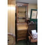 Narrow Edwardian glazed bureau bookcase with lined interior