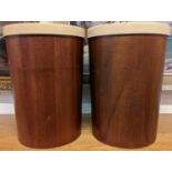 Pair of Schreiber Wood Industries Ltd March 1966 Teak covered waste paper bins with lids 42cm in