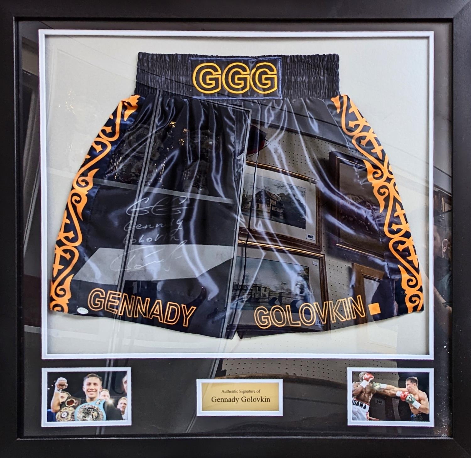 Gennady GGG Golovkin signed and framed blue boxing trunks. 85 x 82cm total size