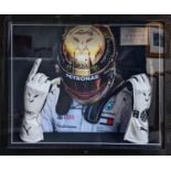 Lewis Hamilton 2018 Season Race Used Gloves. COA to reverse Elite Exclusives. 58 x 49cm total size