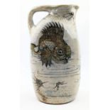 A Martin Brothers Stoneware Aquatic ewer, dated 1896, shouldered, oval bodied graduated handle