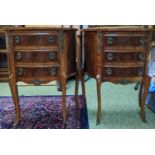 Pair of Louis XV style French inlaid mahogany and Walnut Demilune chests on long slender legs,