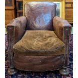 Late Victorian, French leather club chair on bun feet with original velour seat and nice patina