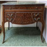 A Louis XV style French inlaid mahogany and Marble chest of 3 drawers with applied foliate handles