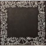 Keith Haring (1959-1990) hanging black board decorated with his iconic pop art stick figures from