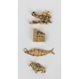 Collection of 4 x 9ct Gold Charms to include Cathedral, Corgi, Articulated fish and an Old Lady